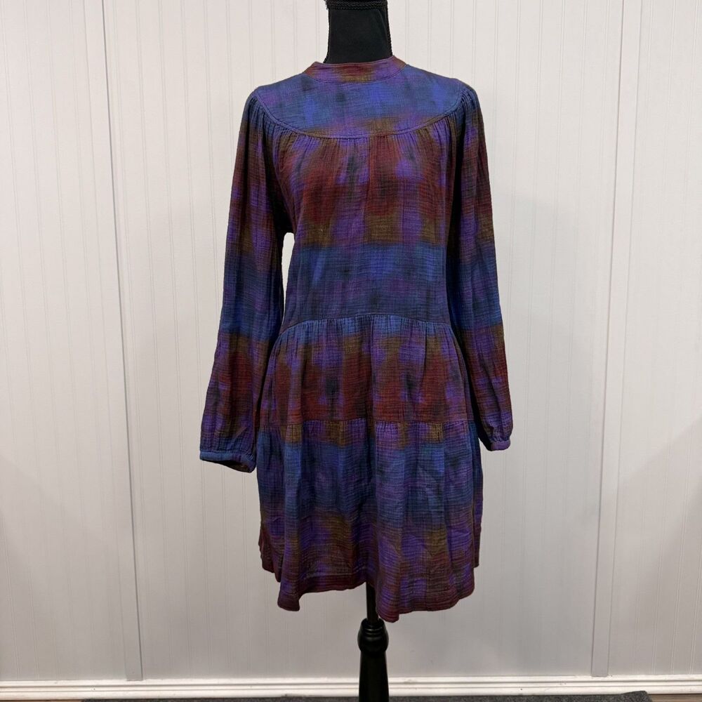 XIRENA Women Small Multicolor Plaid 100% Cotton Boho Prairie Cottage Swing Dress